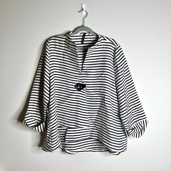 IC by Connie K Navy Blue Striped Top Coat Lagenlook Oversized One-Button Sz XL - Picture 2 of 7